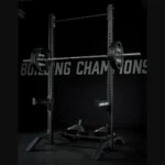 Hammer Strength HD ACharcoal squat stand with bar supports, bar catches, and weight horns