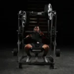 Hammer Strength Plate-loaded decline chest press with integrated weight storage rods
