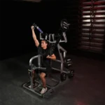 Hammer Strength back machine with adjustable seat and thigh hold pad