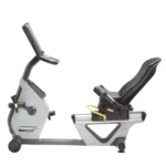 Recumbent exercise bike with walk-through frame and reclining seat