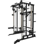 Upgradeable home gym with cable pulleys, chin-up bar, and attachment storage